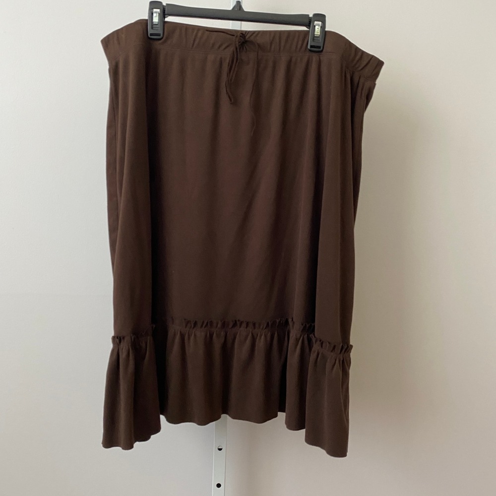 Agua Blues Rayon Boho Lagenlook Ruffle Hem Elastic Waist Midi Skirt 3X Brown